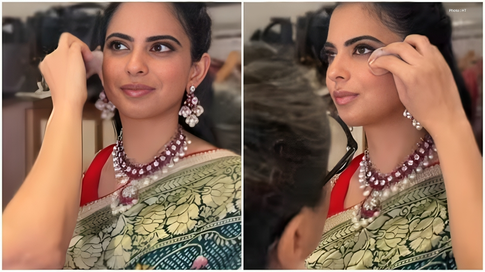 Isha Ambani showcases ruby and diamond necklace at Diwali 2025