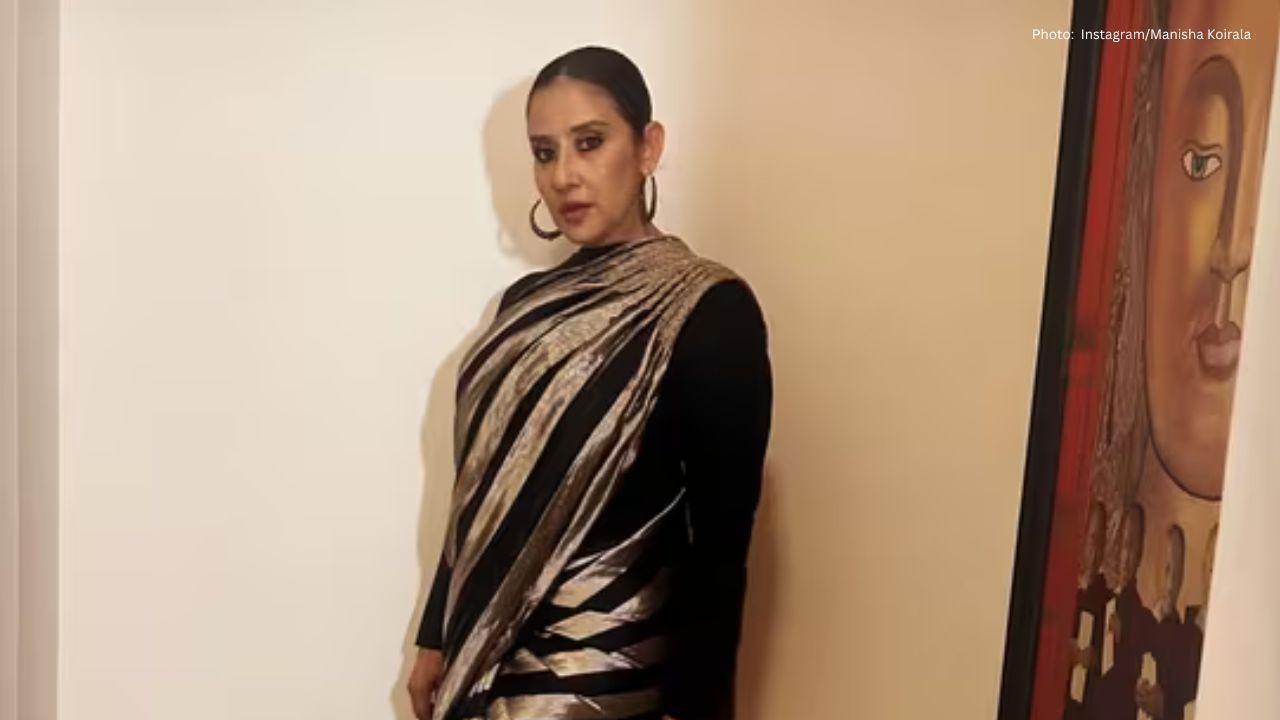 Manisha Koirala Dazzles in Gold and Black Saree at Public Premiere