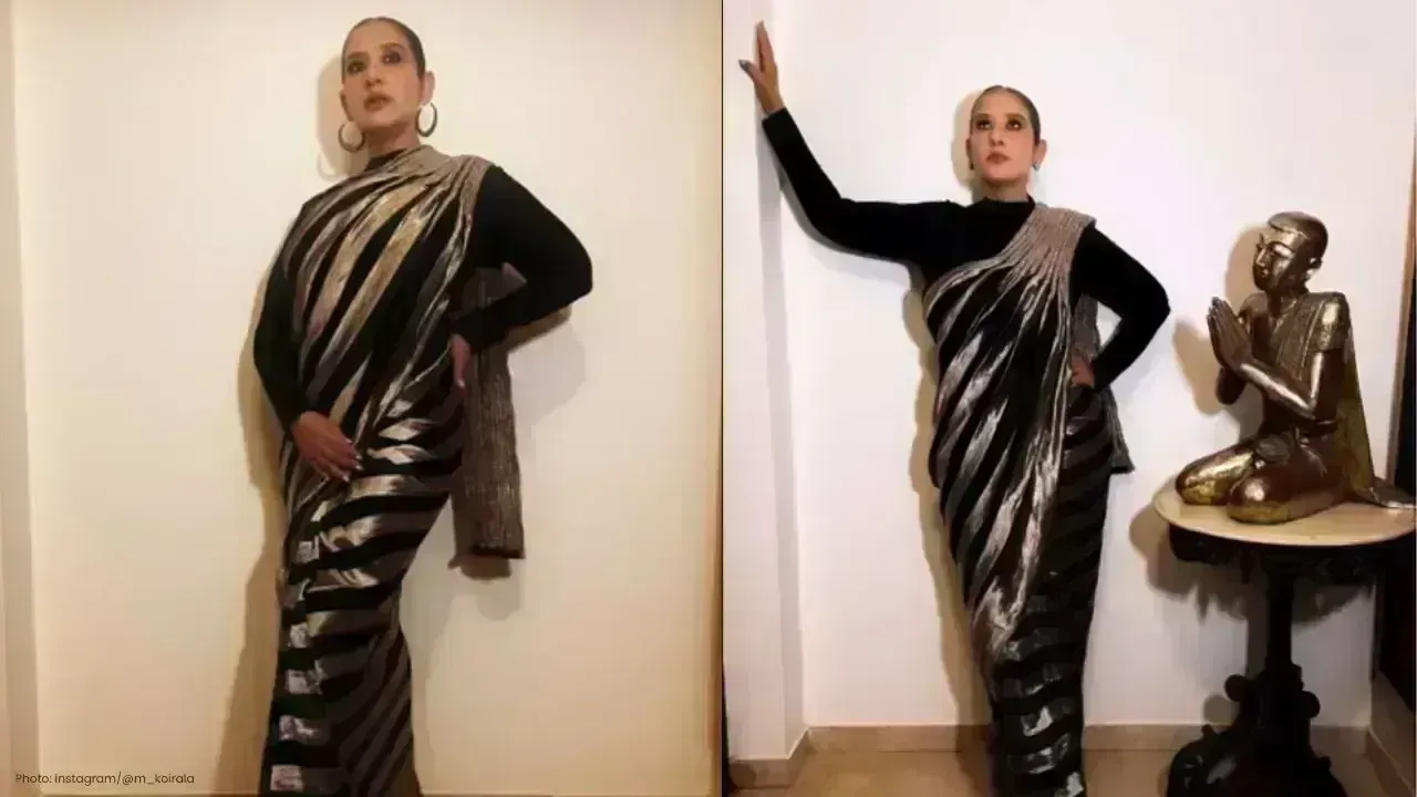 Manisha Koirala Dazzles in Stunning Gold-Black Saree