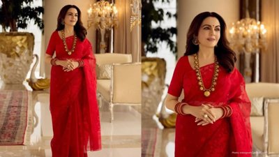 Nita Ambani Dazzles in Red Saree During Siddhivinayak Temple Visit